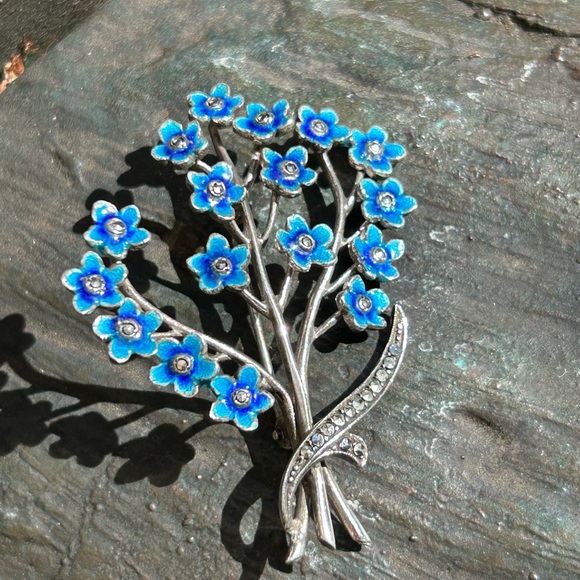 Vintage 1930s Germany Sterling Silver Enamel Marcasite Flower Bouquet Brooch pin